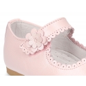 Classic Little Mary Janes with hook and loop strap with flower in pearl nappa leather.