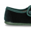 Stylized little Mary Jane shoes with hook and loop strap and button in velvet.