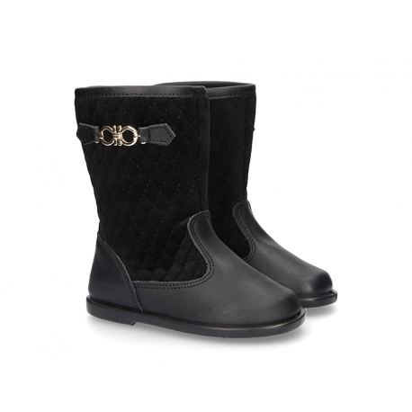 Combined padded boots in leather and velvet canvas in black color.