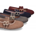 New Little Mary Jane shoes with double buckle in suede leather.