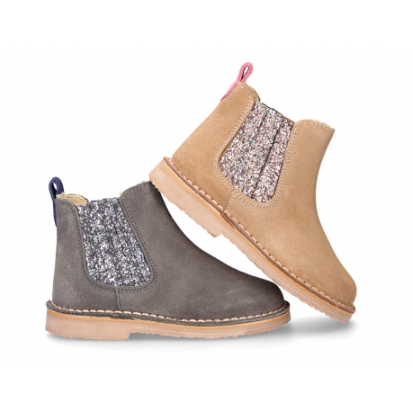 Kids suede leather ankle boots with elastic band with MELANGE GLITTER design.