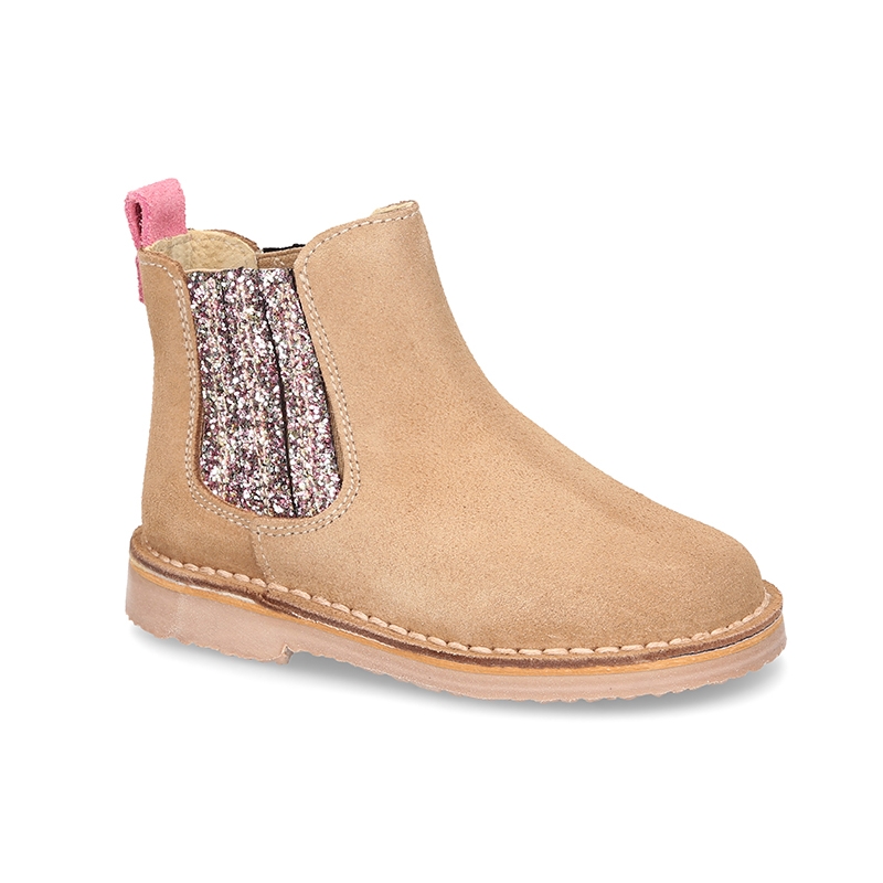 Kids suede leather ankle boots with elastic band with MELANGE GLITTER ...