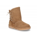 Suede leather kids ankle boots with fake hair lining and shoelaces.