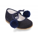 Suede leather little classic Mary jane shoes with POMPONS ties closure.