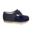 Suede leather little classic Mary jane shoes with POMPONS ties closure.