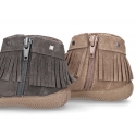 Suede leather ankle boots with FRINGED design and toe cap.