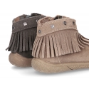 Suede leather ankle boots with FRINGED design and toe cap.