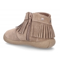 Suede leather ankle boots with FRINGED design and toe cap.