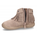 Suede leather ankle boots with FRINGED design and toe cap.