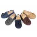 Autumn-winter canvas kids Moccasin shoes with TASSELS design.