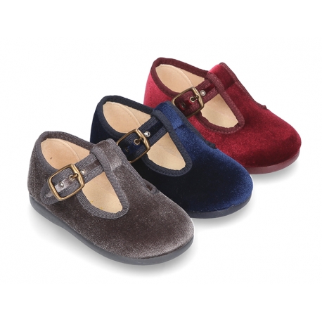 Little VELVET canvas T-strap shoes for little kids.