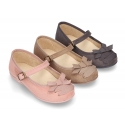 Autumn-winter canvas Mary Jane shoes with bow with crossed ribbons.