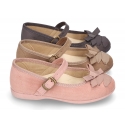 Autumn-winter canvas Mary Jane shoes with bow with crossed ribbons.