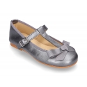 New T-strap Mary Jane shoes with ribbon in metal nappa leather.