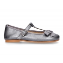 New T-strap Mary Jane shoes with ribbon in metal nappa leather.