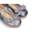 New T-strap Mary Jane shoes with ribbon in metal nappa leather.