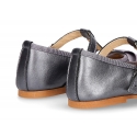 New T-strap Mary Jane shoes with ribbon in metal nappa leather.