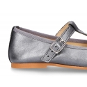 New T-strap Mary Jane shoes with ribbon in metal nappa leather.