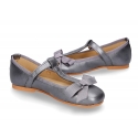 New T-strap Mary Jane shoes with ribbon in metal nappa leather.