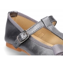 New T-strap Mary Jane shoes with ribbon in metal nappa leather.