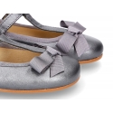 New T-strap Mary Jane shoes with ribbon in metal nappa leather.