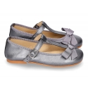 New T-strap Mary Jane shoes with ribbon in metal nappa leather.