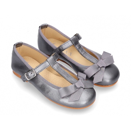 New T-strap Mary Jane shoes with ribbon in metal nappa leather.