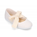 Girl LINEN canvas Ballet Flat shoes or Mary Jane shoes angel style with big ribbon closure.