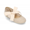 Girl LINEN canvas Ballet Flat shoes or Mary Jane shoes angel style with big ribbon closure.