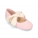 Girl LINEN canvas Ballet Flat shoes or Mary Jane shoes angel style with big ribbon closure.