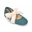 Girl LINEN canvas Ballet Flat shoes or Mary Jane shoes angel style with big ribbon closure.