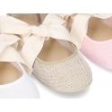 Girl LINEN canvas Ballet Flat shoes or Mary Jane shoes angel style with big ribbon closure.