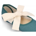 Girl LINEN canvas Ballet Flat shoes or Mary Jane shoes angel style with big ribbon closure.