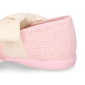 Girl LINEN canvas Ballet Flat shoes or Mary Jane shoes angel style with big ribbon closure.