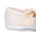 Girl LINEN canvas Ballet Flat shoes or Mary Jane shoes angel style with big ribbon closure.