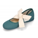 Girl LINEN canvas Ballet Flat shoes or Mary Jane shoes angel style with big ribbon closure.