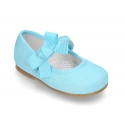 Soft suede leather little Mary Jane shoes with hook and loop strap and ribbon.