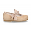 Soft suede leather little Mary Jane shoes with hook and loop strap and ribbon.