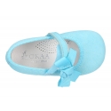 Soft suede leather little Mary Jane shoes with hook and loop strap and ribbon.