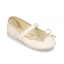 Cotton canvas Ballet flat shoes with hook and loop strap and bow in contrast.