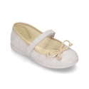 Cotton canvas Ballet flat shoes with hook and loop strap and bow in contrast.