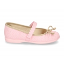 Cotton canvas Ballet flat shoes with hook and loop strap and bow in contrast.