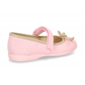 Cotton canvas Ballet flat shoes with hook and loop strap and bow in contrast.