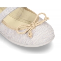 Cotton canvas Ballet flat shoes with hook and loop strap and bow in contrast.