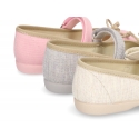 Cotton canvas Ballet flat shoes with hook and loop strap and bow in contrast.