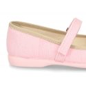 Cotton canvas Ballet flat shoes with hook and loop strap and bow in contrast.