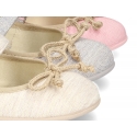 Cotton canvas Ballet flat shoes with hook and loop strap and bow in contrast.