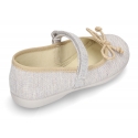 Cotton canvas Ballet flat shoes with hook and loop strap and bow in contrast.