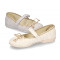 Cotton canvas Ballet flat shoes with hook and loop strap and bow in contrast.