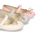 Cotton canvas Ballet flat shoes with hook and loop strap and bow in contrast.